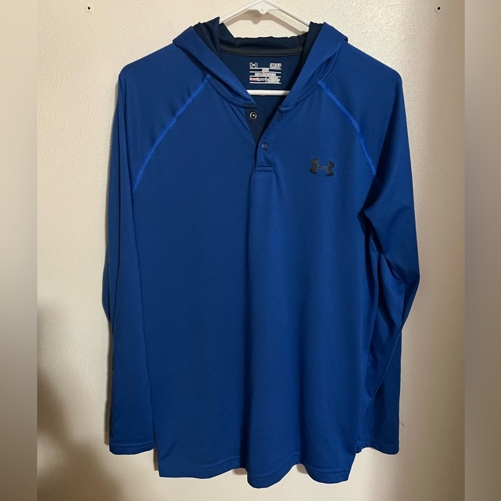 UNDER ARMOUR Classic Heat Gear Hooded Long Sleeve T Shirt Blue Black Men's Sz S